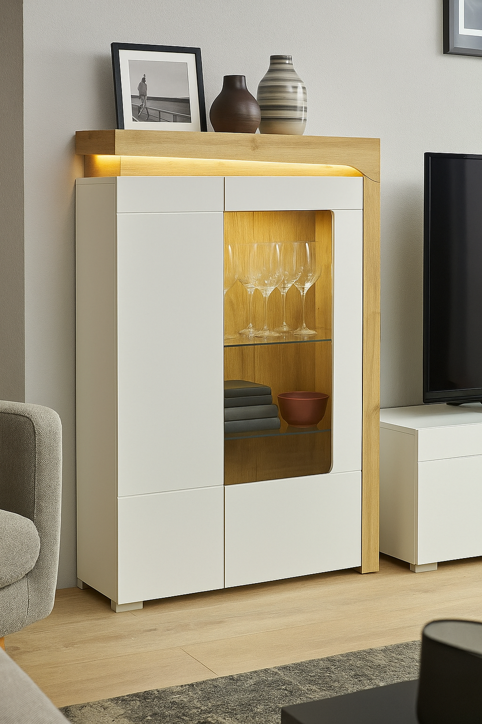 AlpenGlow White High Gloss And Oak Low Wide Display Cabinet With LED Lights - Lavish Kitchen Isle