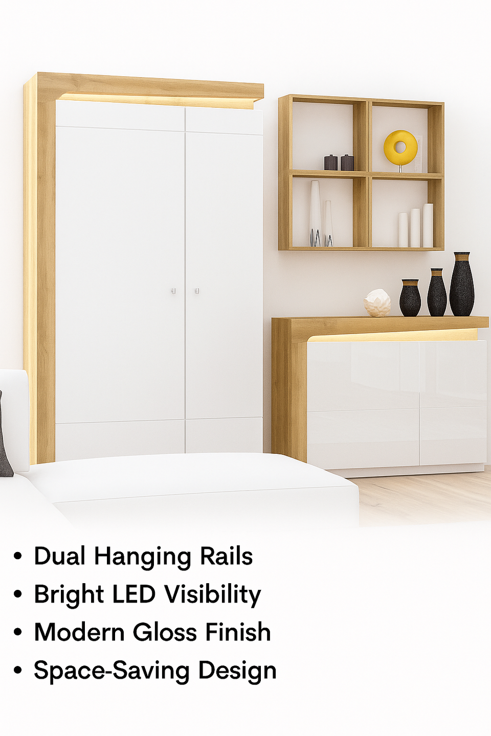 Oak Effect and White Gloss 2 Door Wardrobe with LED Lights