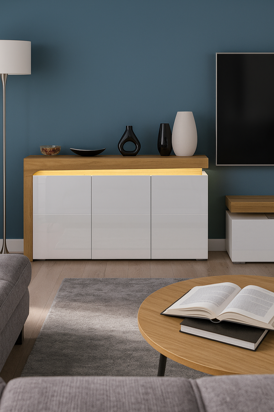 AlpenGlow Oak Effect and White Gloss 3 Door Sideboard With Lights