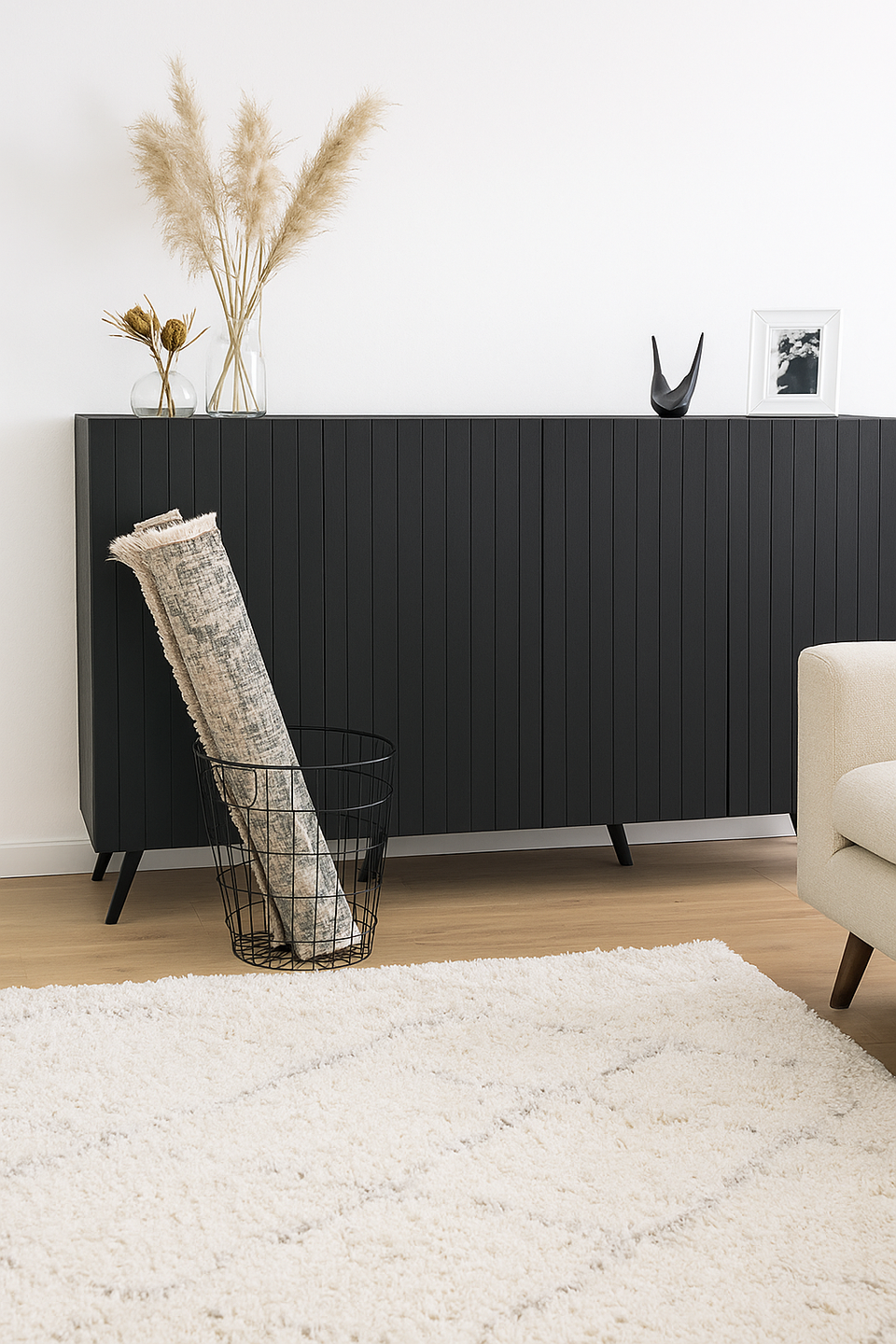 The Matte Black Elegant Sideboard with Grooved Vertical Lines