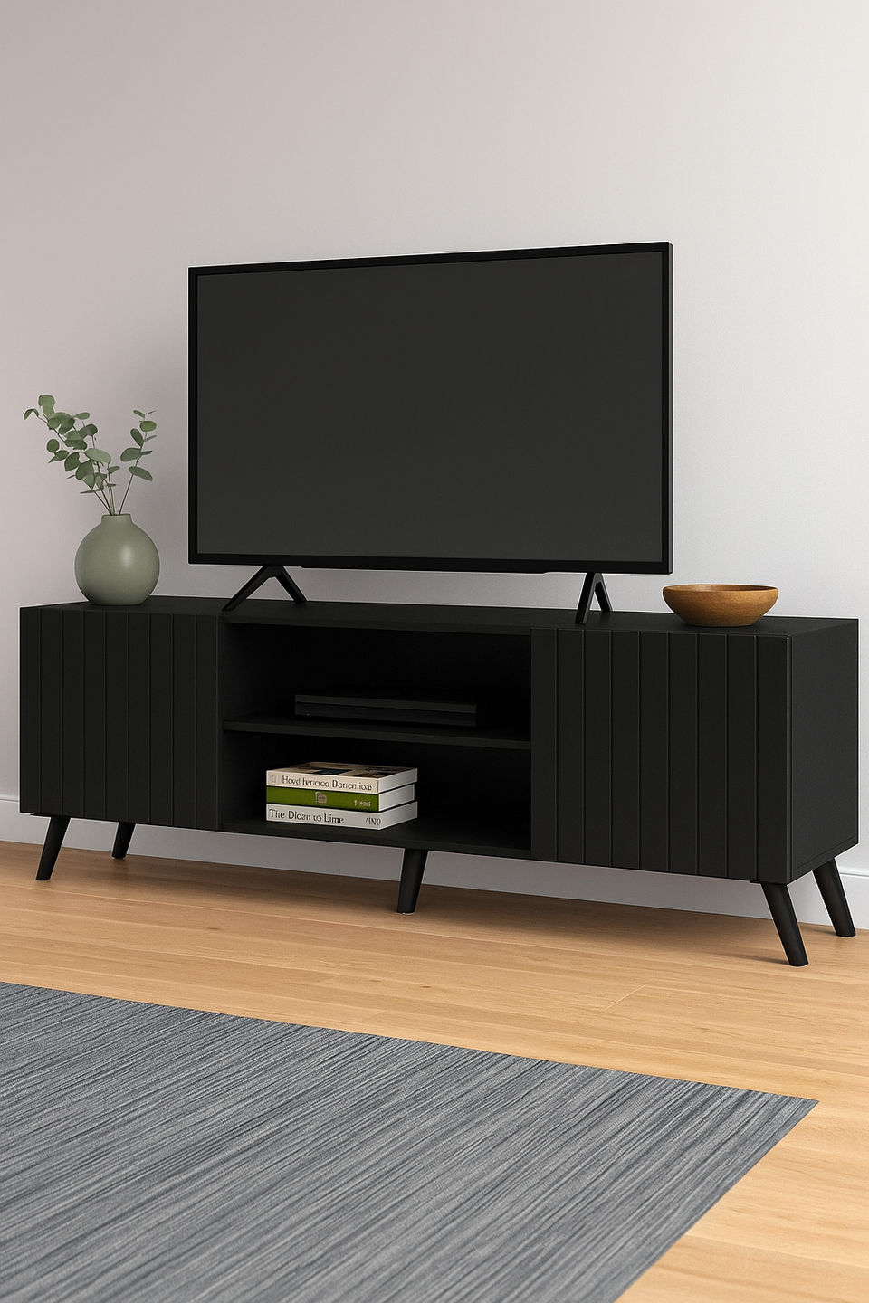The Matte Black Large TV unit with 2 doors and 1 open shelf
