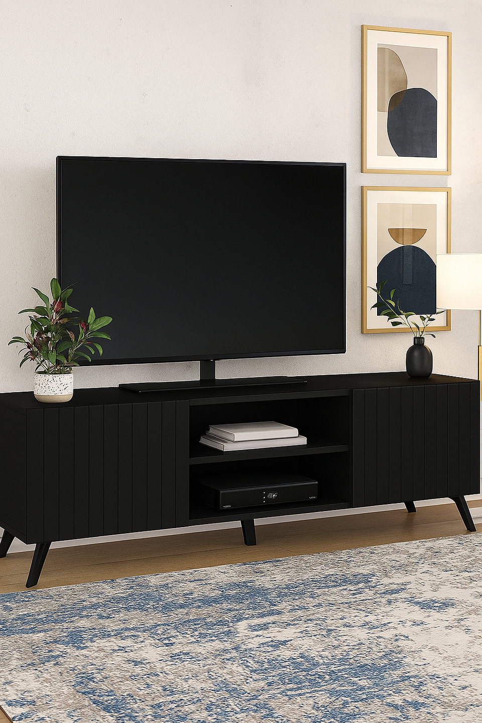 The Matte Black Large TV unit with 2 doors and 1 open shelf