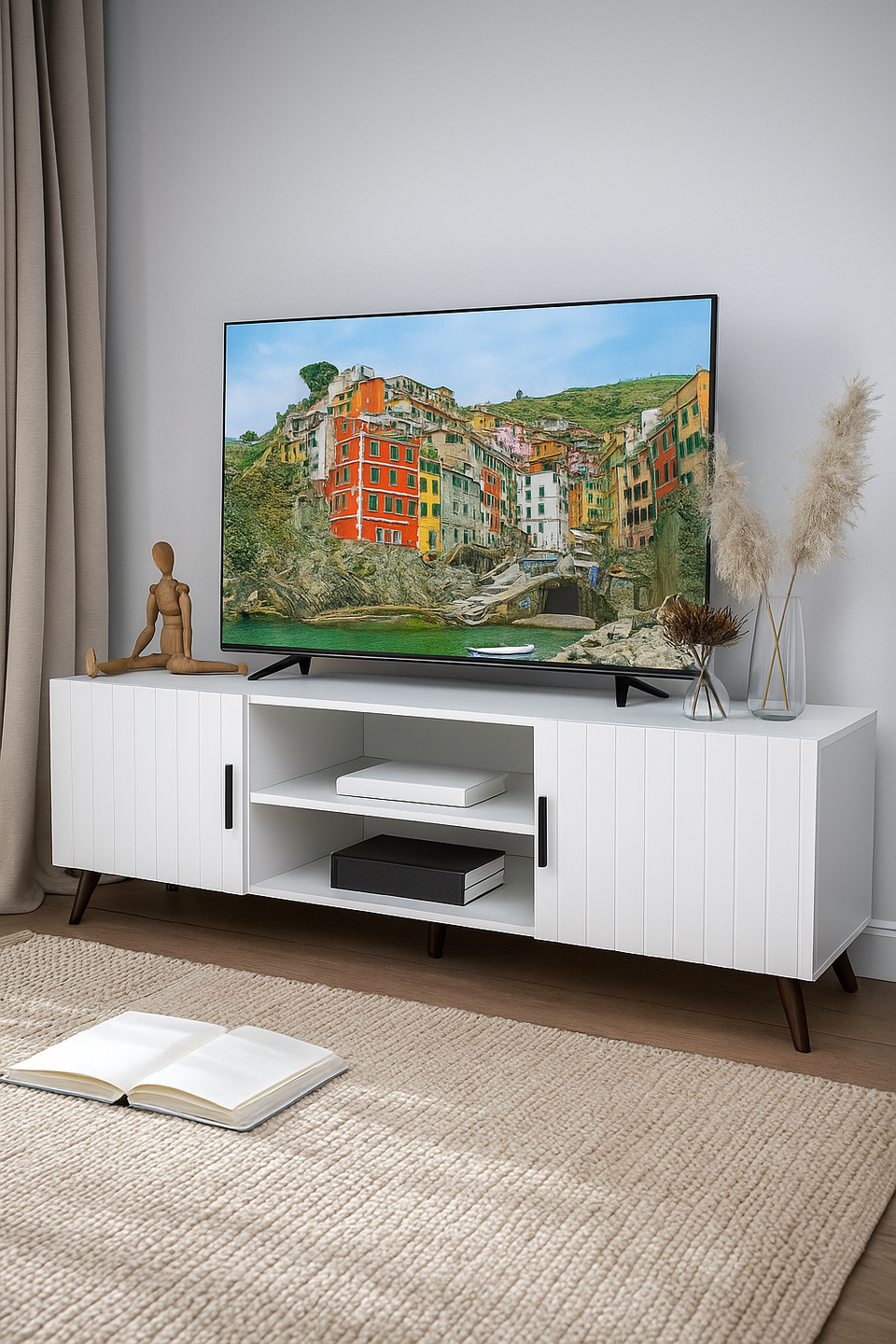 The Matte White Elegant Large TV Cabinet with Grooved Vertical Lines