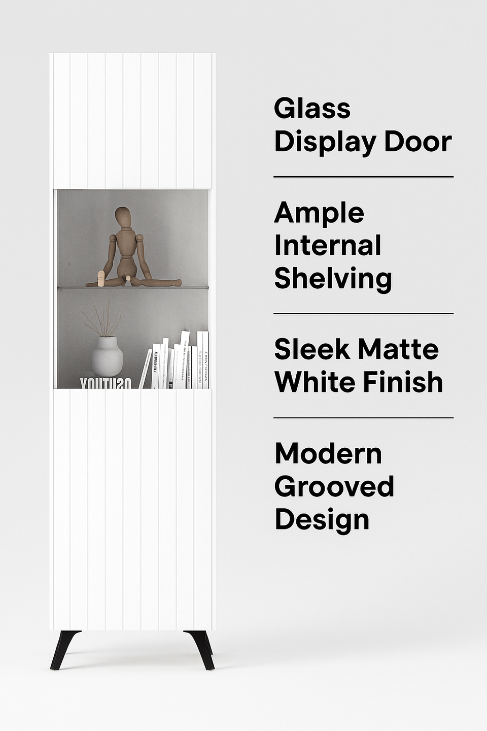 The Matte White Elegant Tall Display Cabinet with Grooved Vertical Lines - Lavish Kitchen Isle