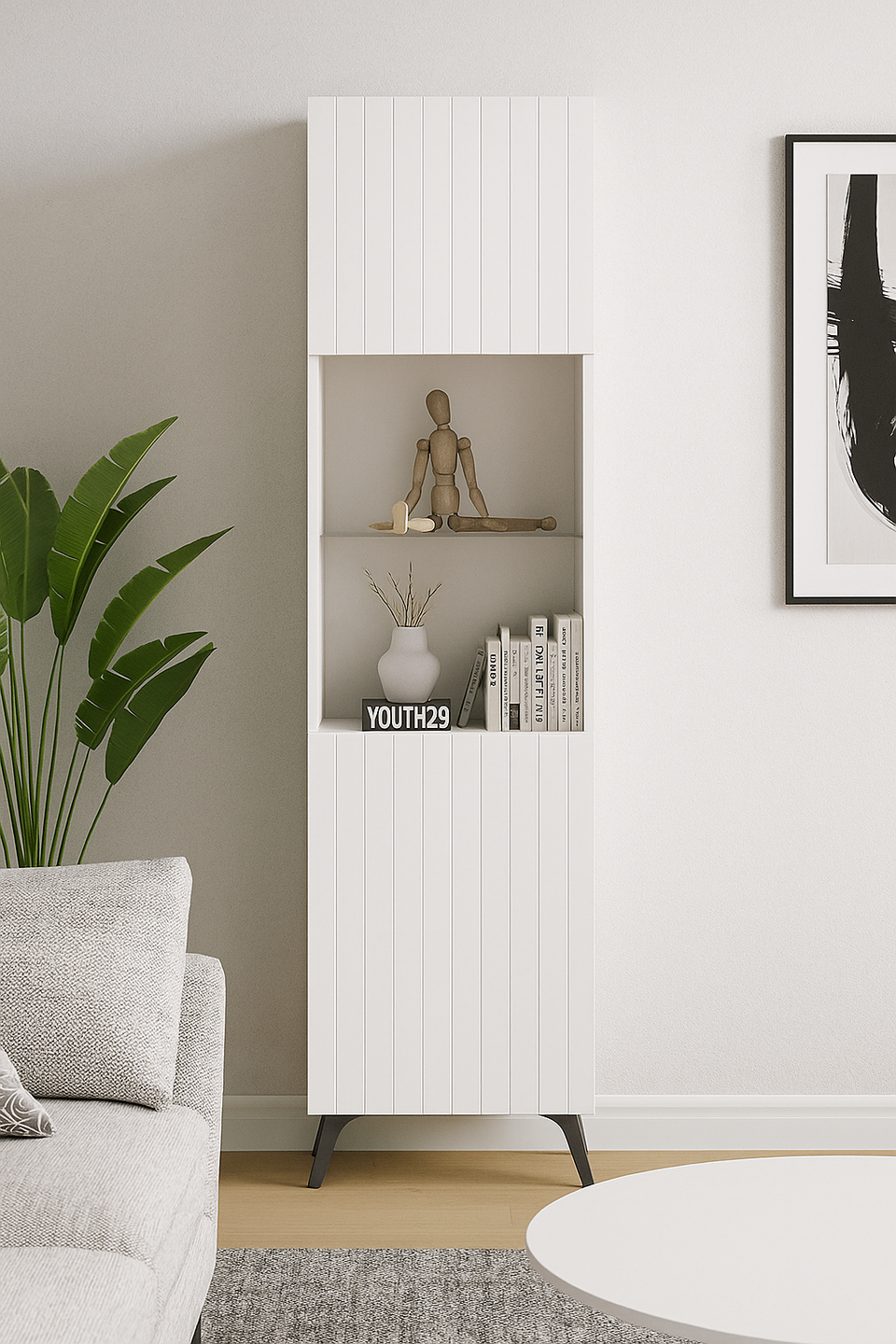 The Matte White Elegant Tall Display Cabinet with Grooved Vertical Lines - Lavish Kitchen Isle