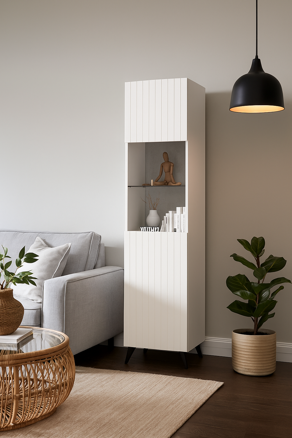 The Matte White Elegant Tall Display Cabinet with Grooved Vertical Lines - Lavish Kitchen Isle