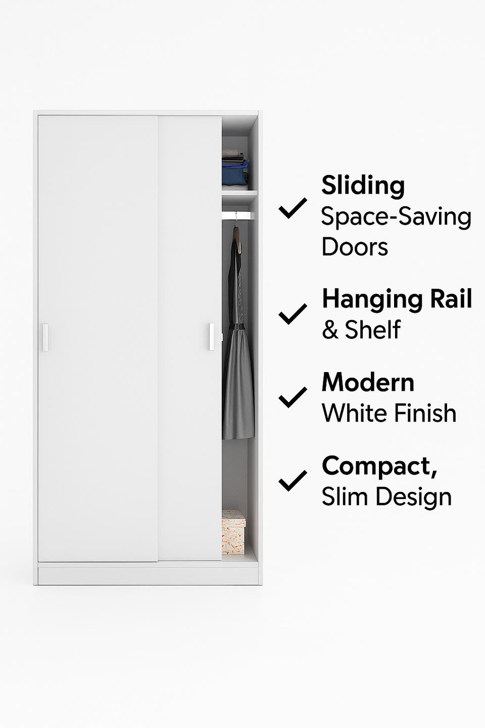 White Sliding Door Wardrobe 2 Door 100cm – Narrow Bedroom Storage with Hanging Rail & Shelf