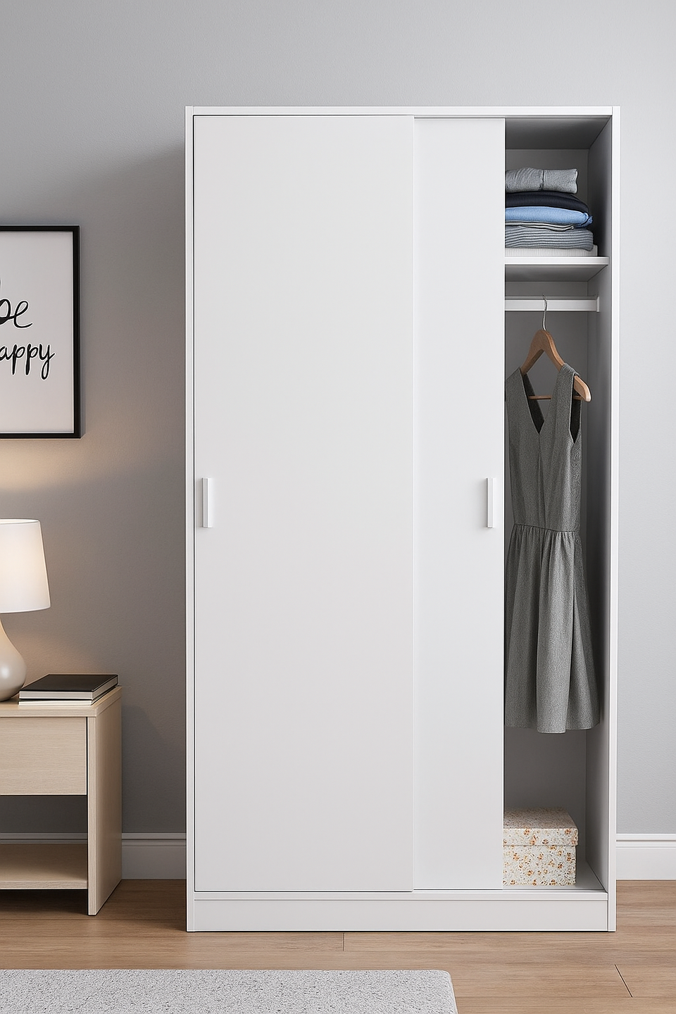 White sliding door wardrobe with two doors, hanging rail, and shelf for narrow bedroom storage by Lavish Kitchen Isle