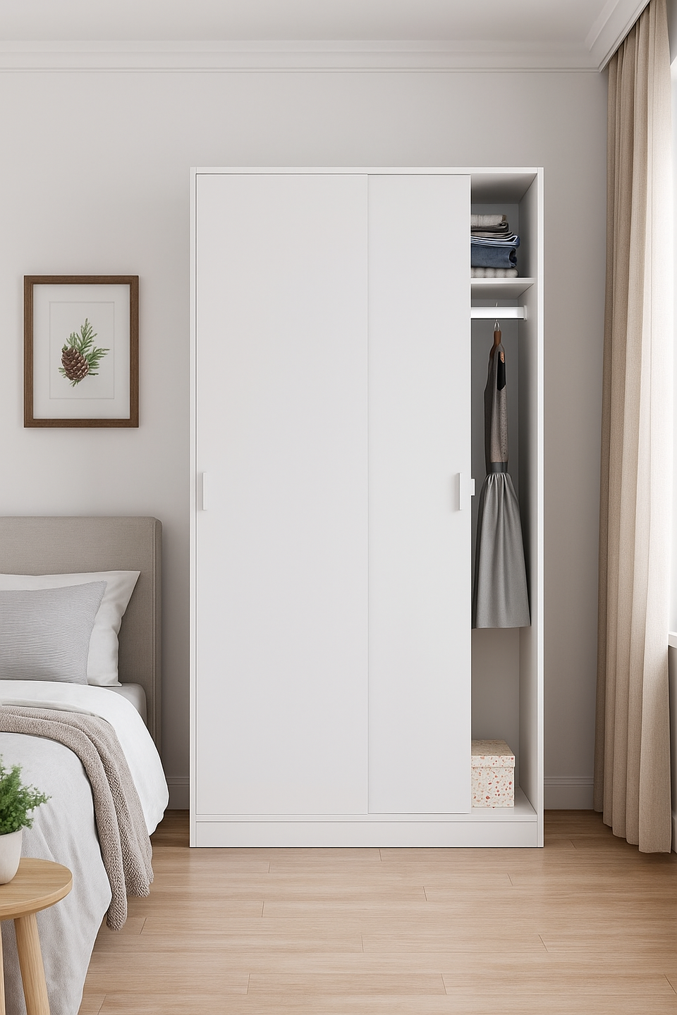 White sliding door wardrobe with two doors, hanging rail, and shelf, designed for narrow bedroom storage by Lavish Kitchen Isle.