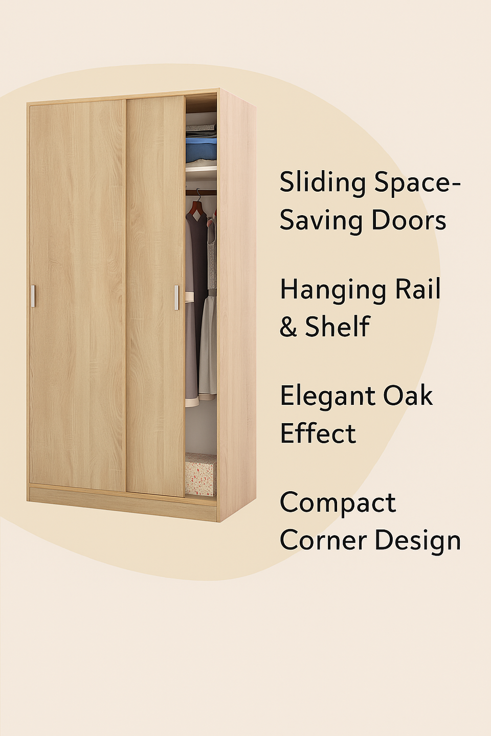 Oak effect 100cm wide sliding wardrobe with two doors, hanging rail, and shelf, by Lavish Kitchen Isle.