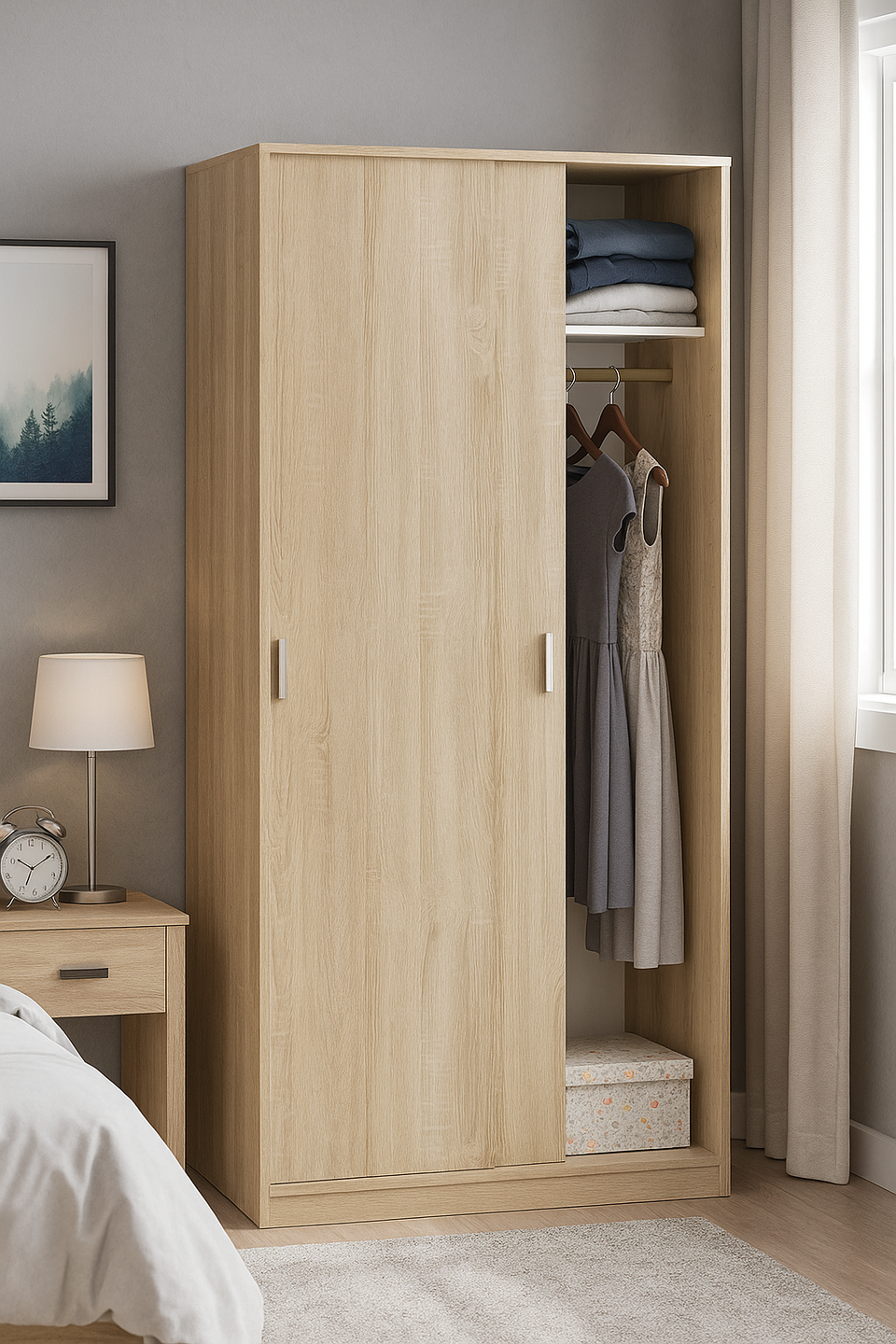 Oak Effect 100cm Wide Narrow Sliding 2 Door Wardrobe with Hanging Rail and Shelf