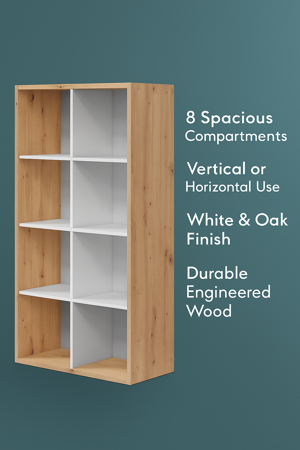 Arctic White & Oak 8-Tier Bookcase – Modern Storage Unit with Open Shelves