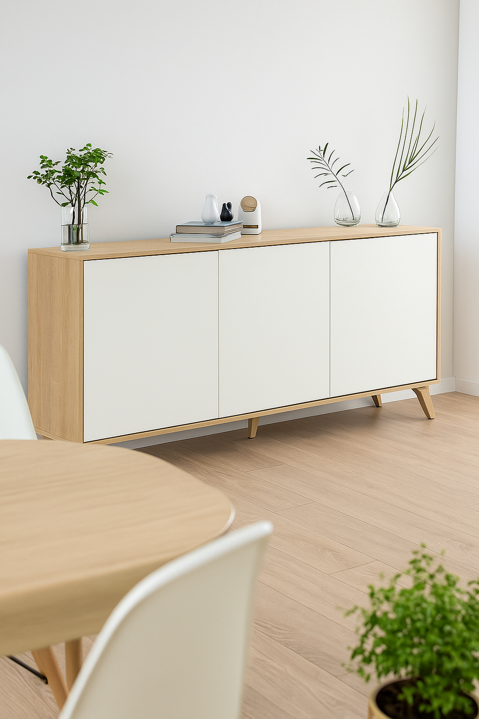 White and oak effect modern 3-door sideboard with six storage compartments, featuring a minimalist design for versatile home storage.