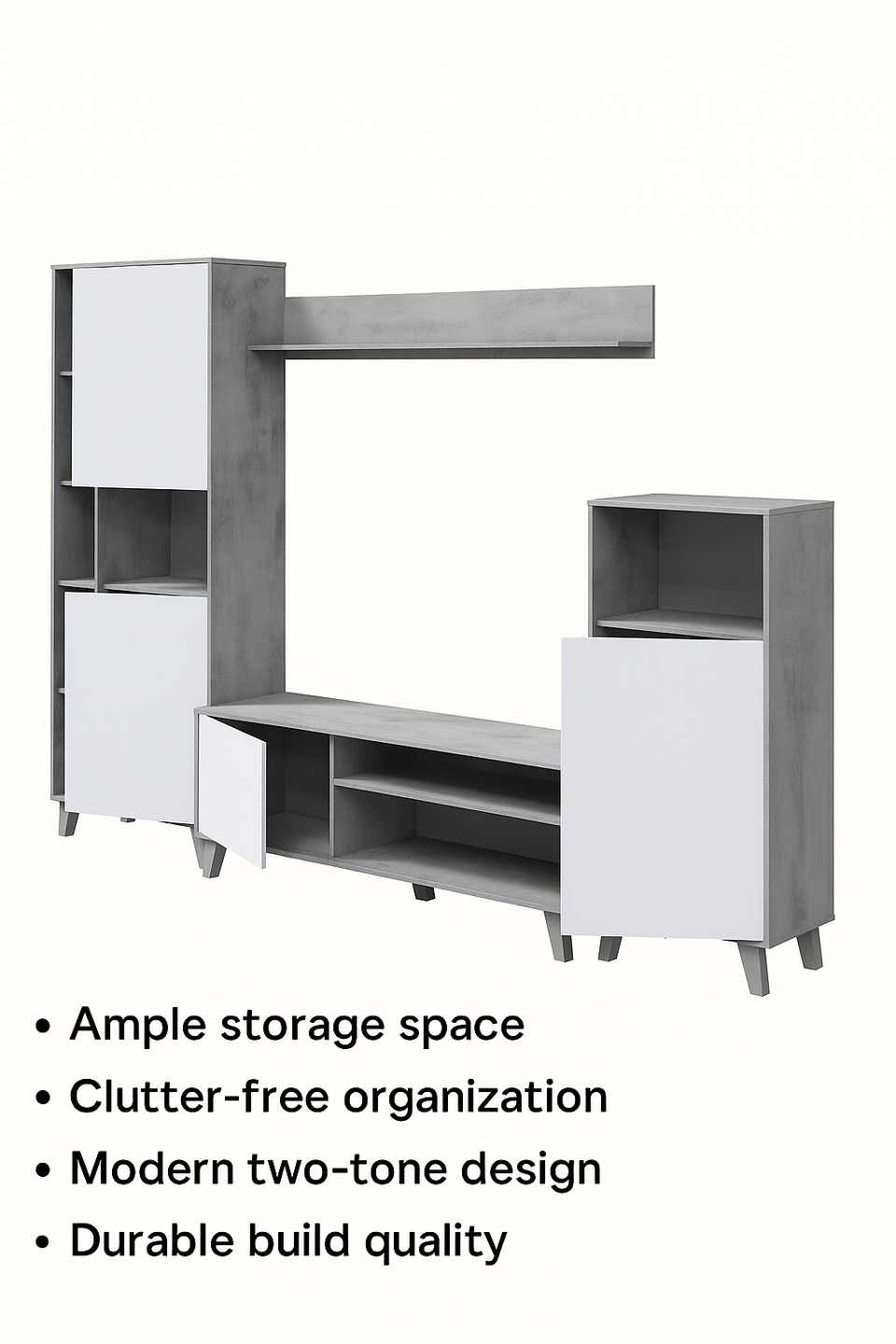 Modern Gris white and concrete grey effect large TV entertainment wall unit cabinet by Lavish Kitchen Isle with storage compartments.