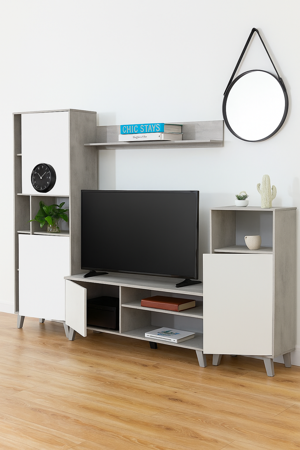 Large Gris White and Concrete Grey effect TV entertainment wall unit cabinet by Lavish Kitchen Isle, with sleek storage compartments.