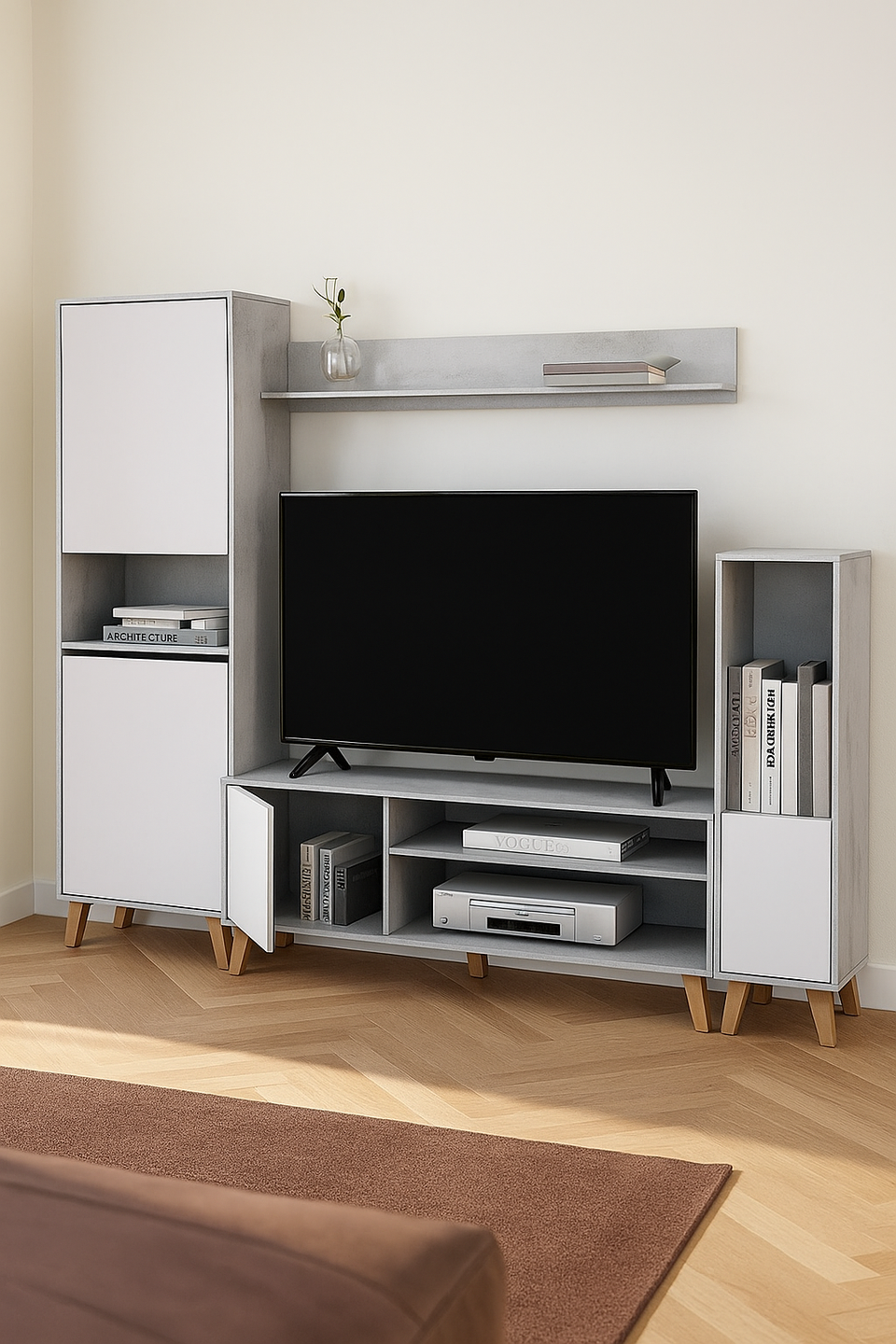 Large Gris white and concrete grey effect TV entertainment wall unit cabinet with sleek storage compartments and modern design.
