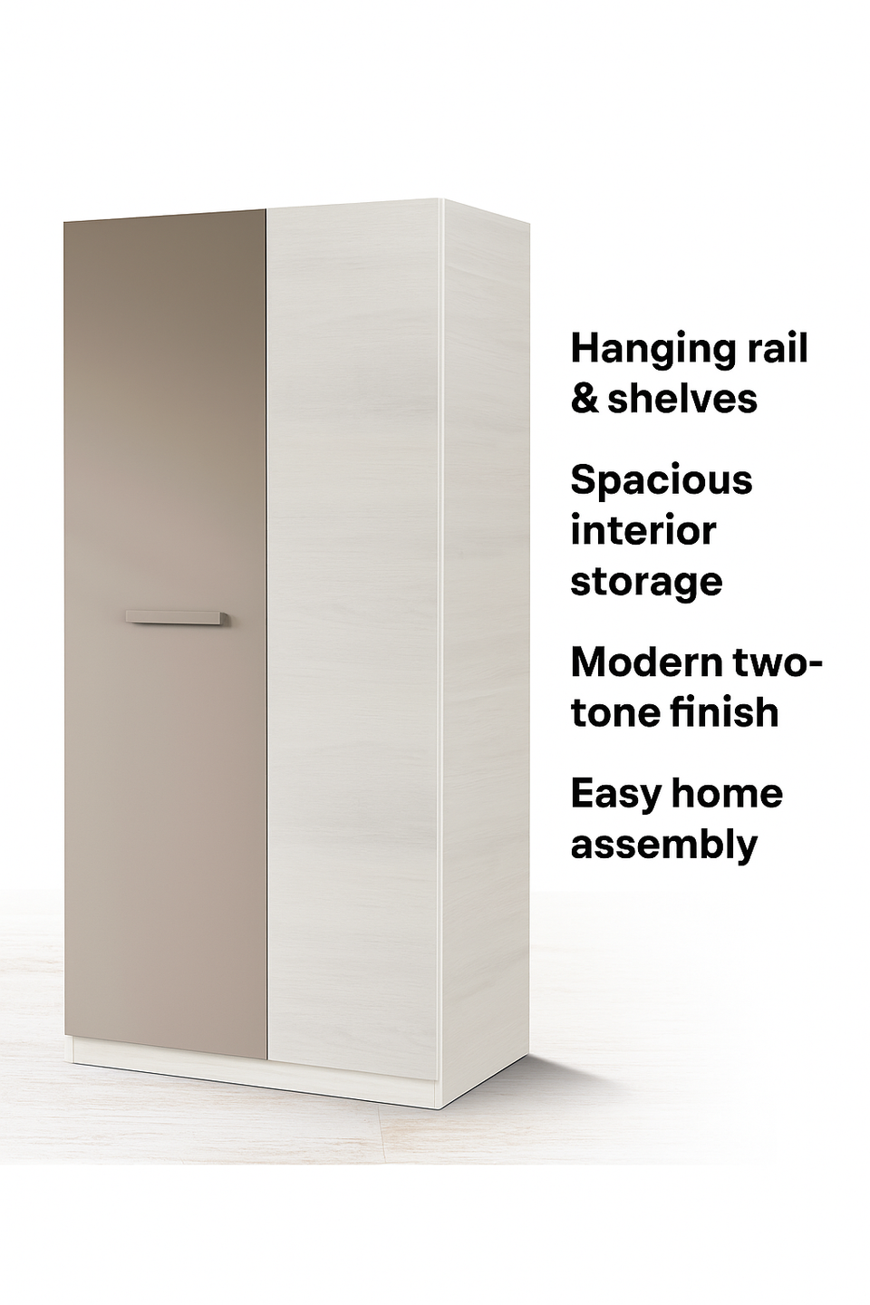 White and Grey Ash 90cm Wide 2-Door Wardrobe – Modern Bedroom Storage