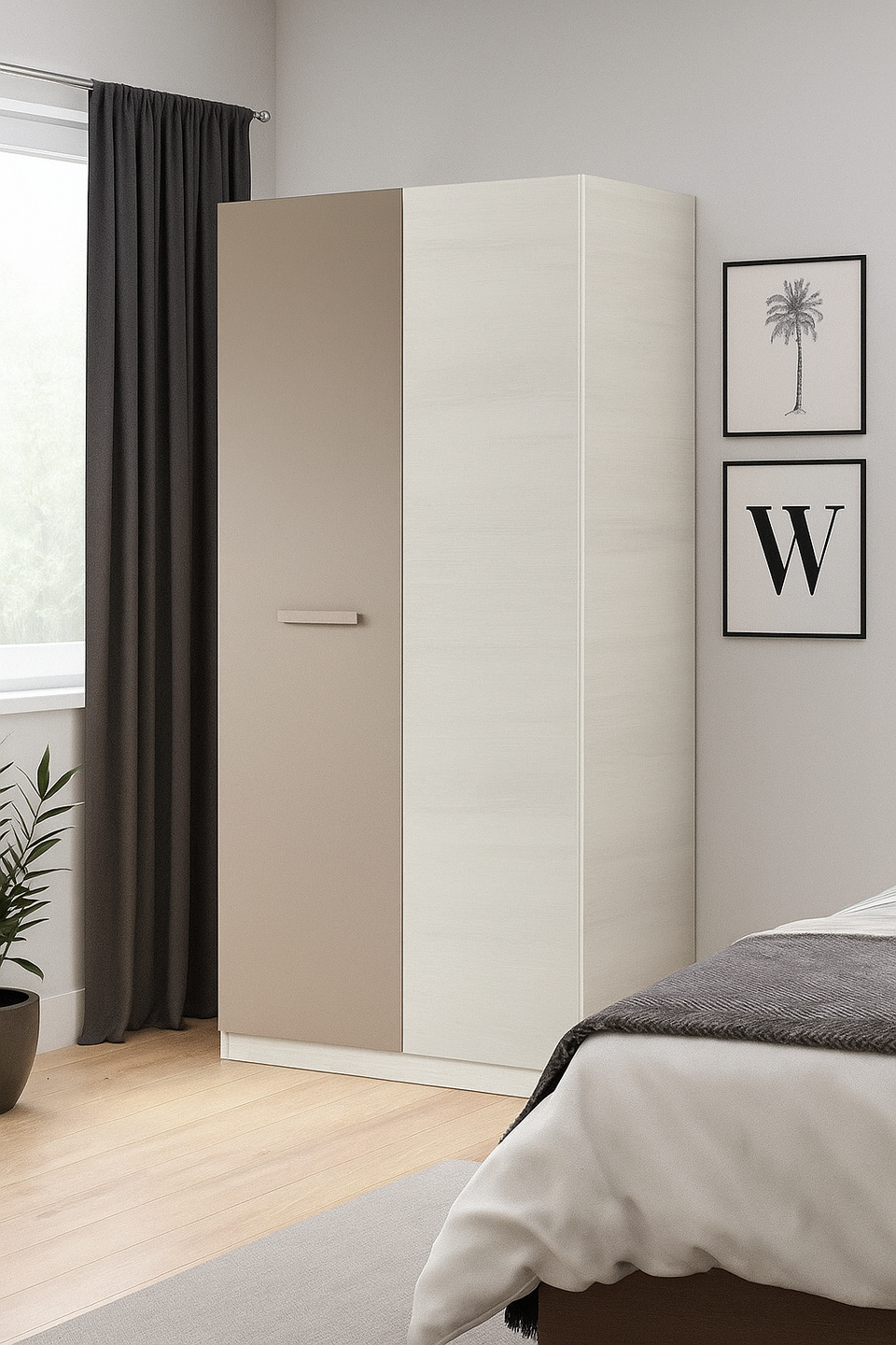 White and Grey Ash 90cm Wide 2-Door Wardrobe – Modern Bedroom Storage