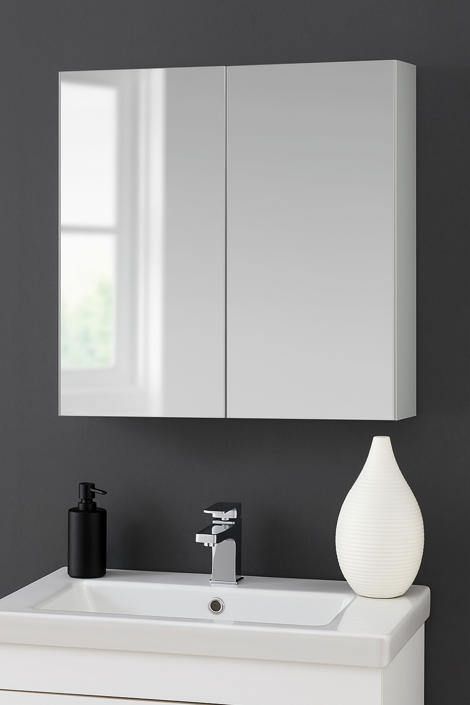 Ancini 600mm White and Mirrored 2-Door Wall Mounted Bathroom Cabinet Stylish Space-Saving Storage