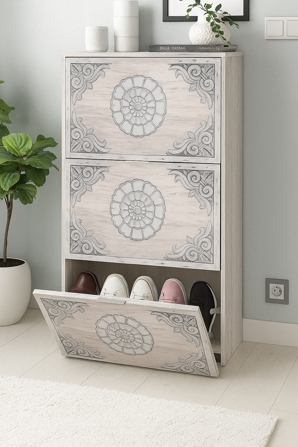 Aura Grey and White Oak Shoe Cabinet – Modern 18 Pair Shoe Storage with Carved Floral Design