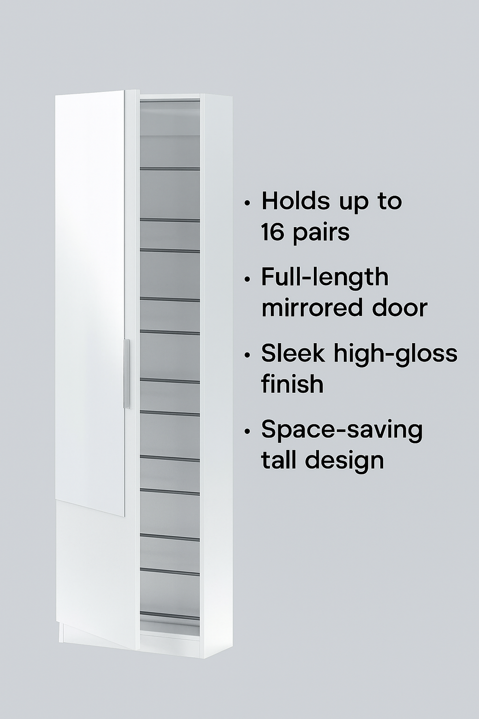 Giovanni Arctic White Tall Mirrored Shoe Rack Cabinet Wooden Space-Saving Storage for 16 Pairs