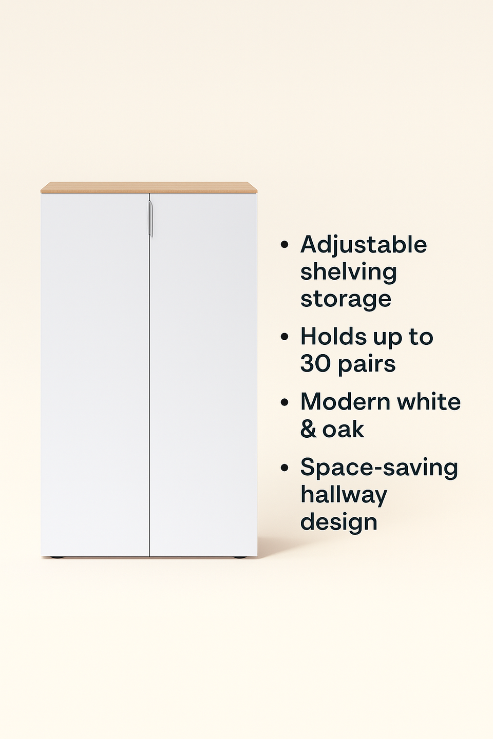 White and oak effect shoe rack cabinet with two doors, 72cm wide, modern storage unit from Lavish Kitchen Isle
