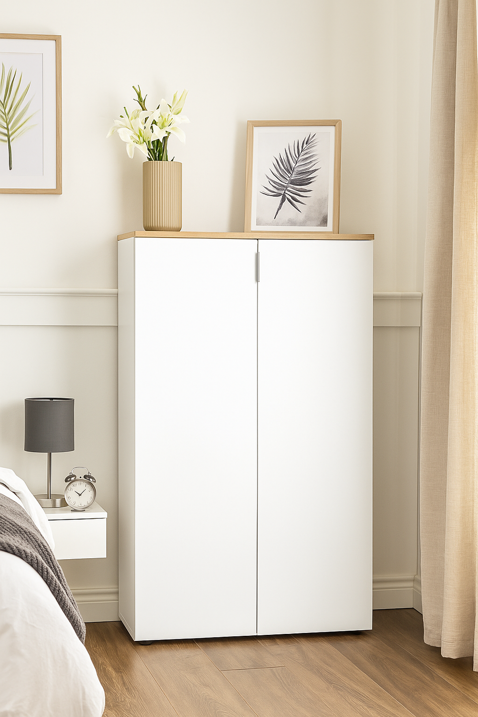 White and oak effect shoe rack cabinet with two doors, 72cm wide, stylish storage unit by Lavish Kitchen Isle