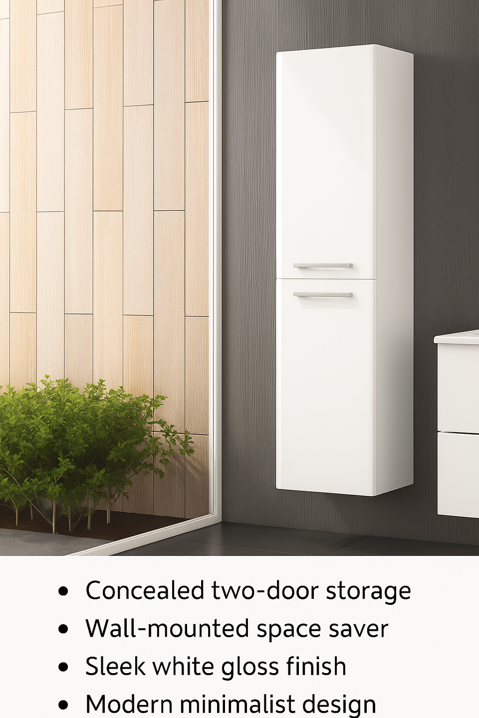 Modern white gloss floating bathroom cupboard with two doors, wall-mounted storage unit by Lavish Kitchen Isle.