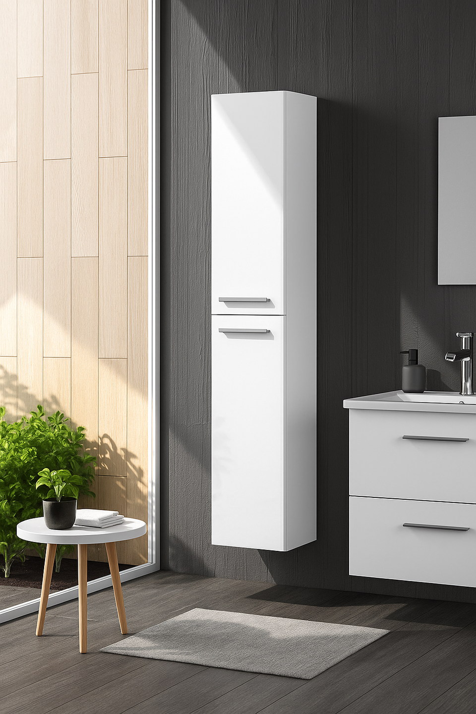 Lavish Kitchen Isle Lano White Gloss floating cupboard with 2 doors, wall-mounted bathroom storage unit, sleek modern design