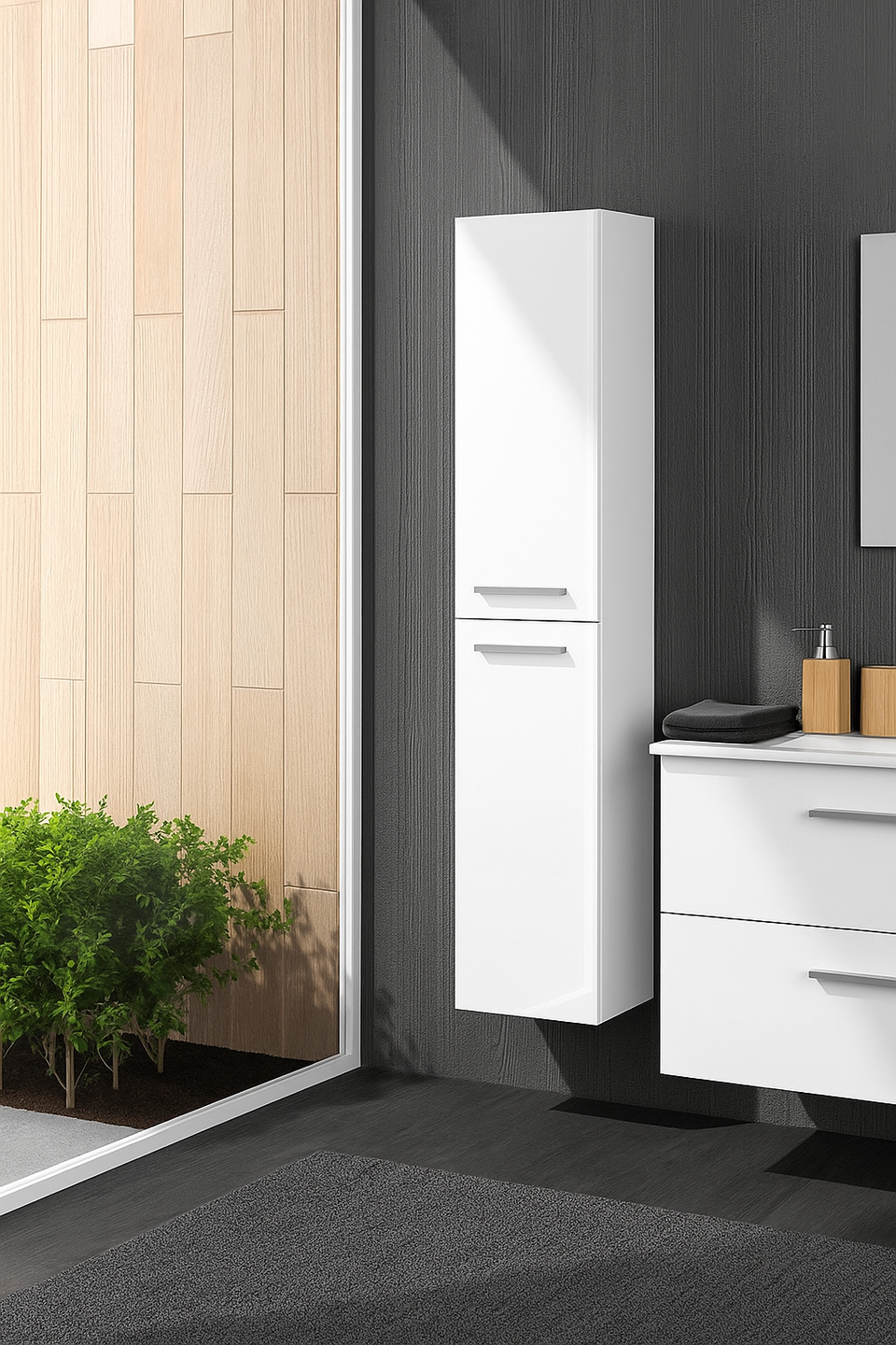 Lavish Kitchen Isle Lano White Gloss Floating Cupboard with two doors, wall-mounted bathroom storage unit, sleek modern design