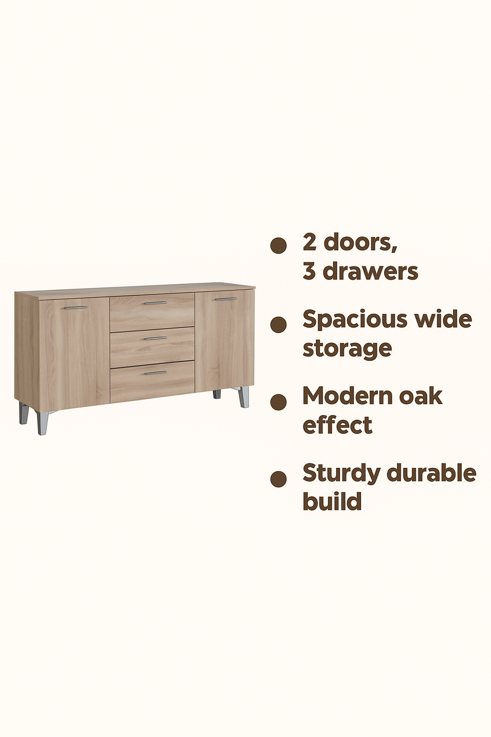 Morire Large Wide 2 Doors and 3 Drawer Sideboard- Oak Effect - Lavish Kitchen Isle