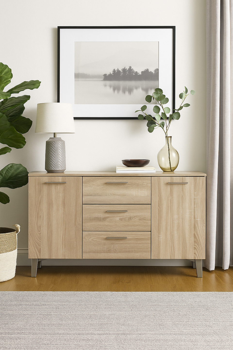 Morire Large Wide 2 Doors and 3 Drawer Sideboard- Oak Effect - Lavish Kitchen Isle