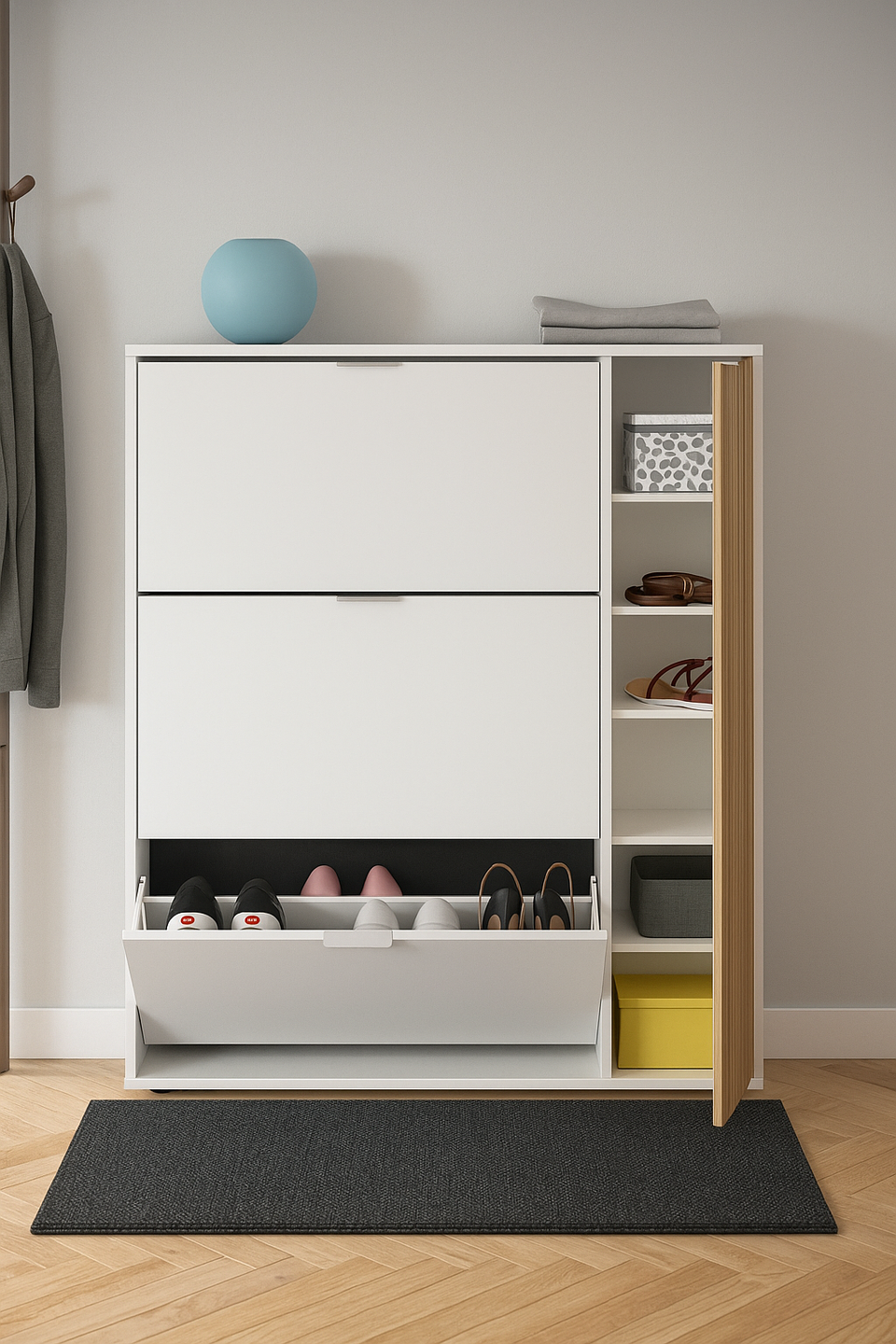 Dempsei Oak Effect & White Large Shoe Rack Cabinet - Wooden Storage Unit with Drawer for 20+ Pairs