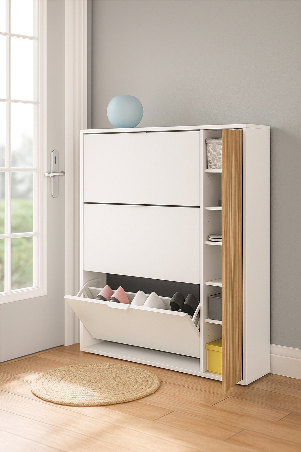 Dempsei Oak Effect & White Large Shoe Rack Cabinet - Wooden Storage Unit with Drawer for 20+ Pairs