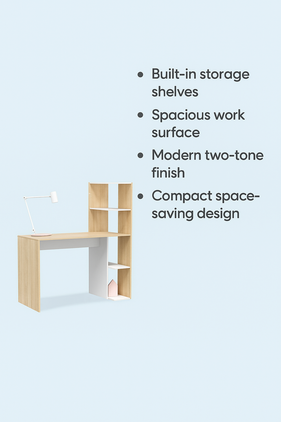 Orvara White and Oak Effect Desk with Bookcase - Home Office Study Table Computer Laptop Workstation