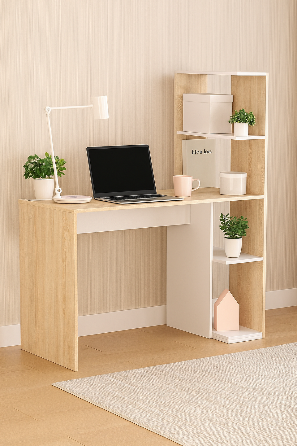 Orvara White and Oak Effect Desk with Bookcase - Home Office Study Table Computer Laptop Workstation