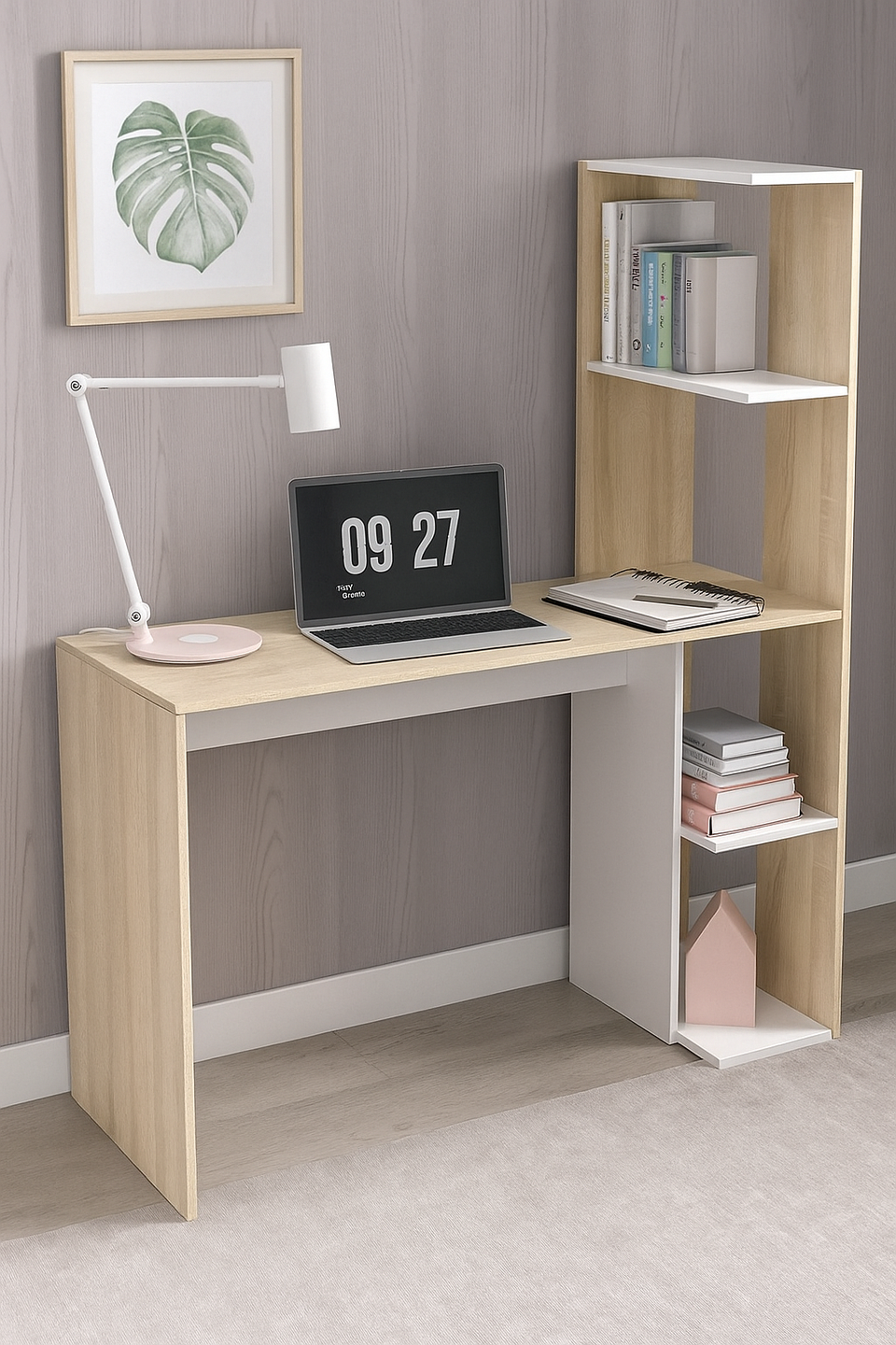 Orvara White and Oak Effect Desk with Bookcase - Home Office Study Table Computer Laptop Workstation