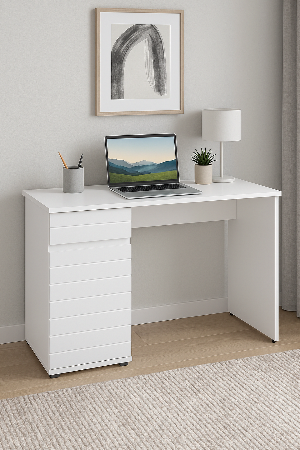 Lavish Kitchen Isle Solstice oak and white gloss computer desk with drawer and cupboard, sleek home office workspace.