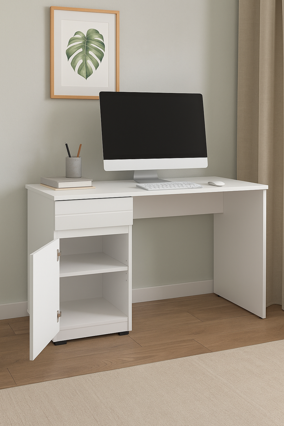 Lavish Kitchen Isle Solstice oak and white gloss computer desk with drawer and cupboard, sleek home office furniture.