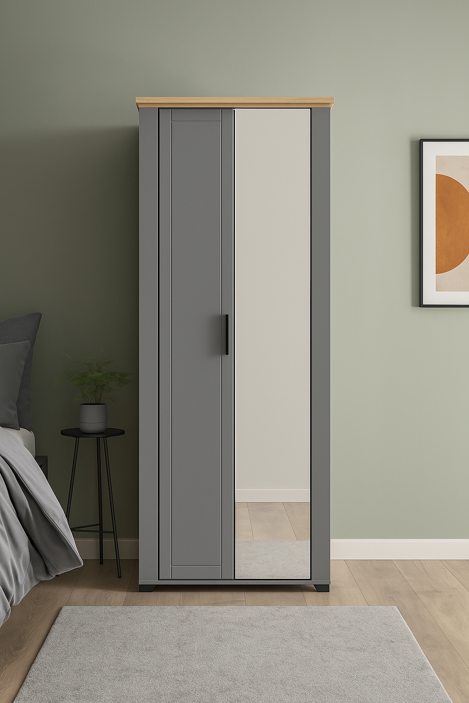 Space-Saving Wardrobe with Mirror and Shelves – Grey and Oak Effect