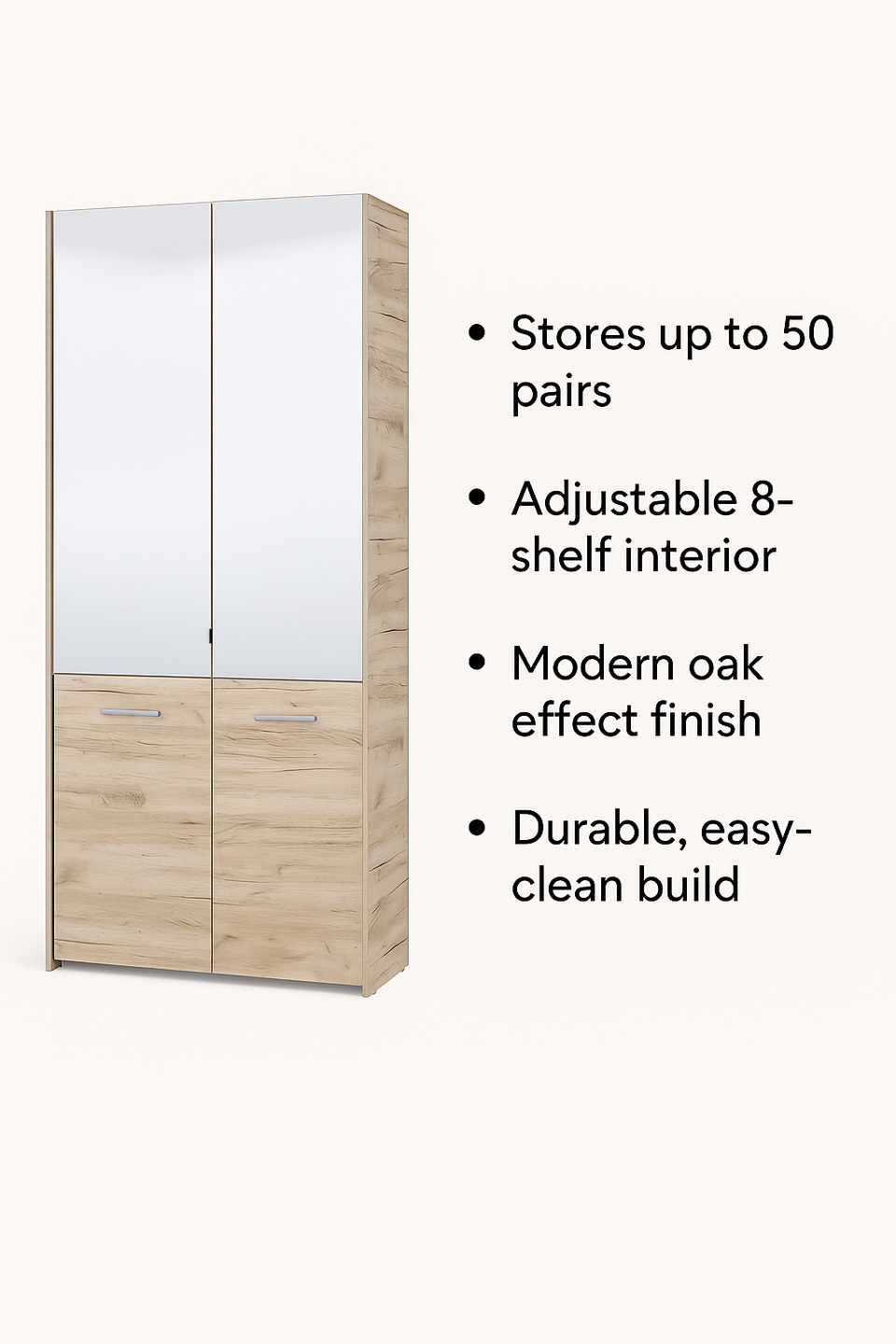 Lavish Oak Effect Mirrored Shoe Cabinet Tall Space-Saving Shoe Rack for Up to 50 Pairs, 8-Shelf Organiser