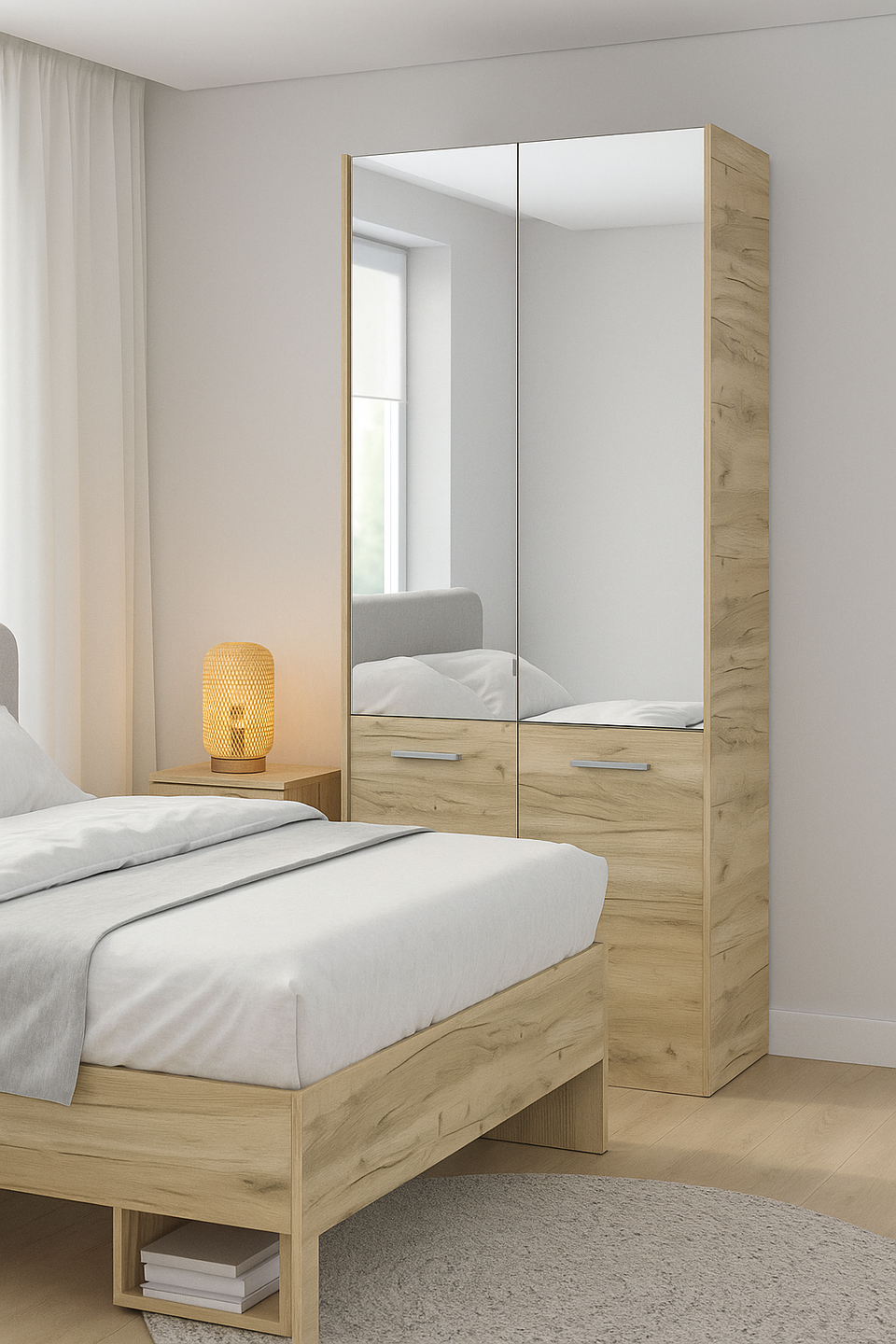 Lavish Oak Effect Mirrored Shoe Cabinet Tall Space-Saving Shoe Rack for Up to 50 Pairs, 8-Shelf Organiser