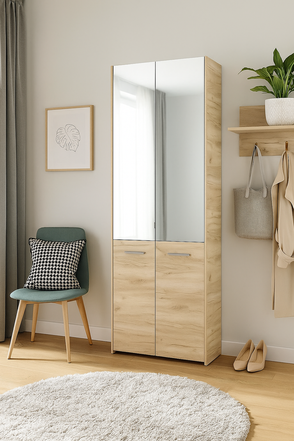 Lavish Oak Effect Mirrored Shoe Cabinet Tall Space-Saving Shoe Rack for Up to 50 Pairs, 8-Shelf Organiser