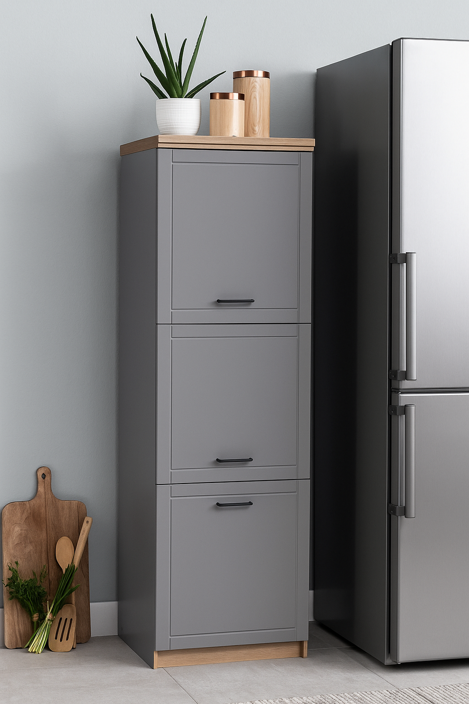 Harbour Grey And Oak Effect Tall 60cm 3 Door Kitchen Larder Unit Pantry Cupboard