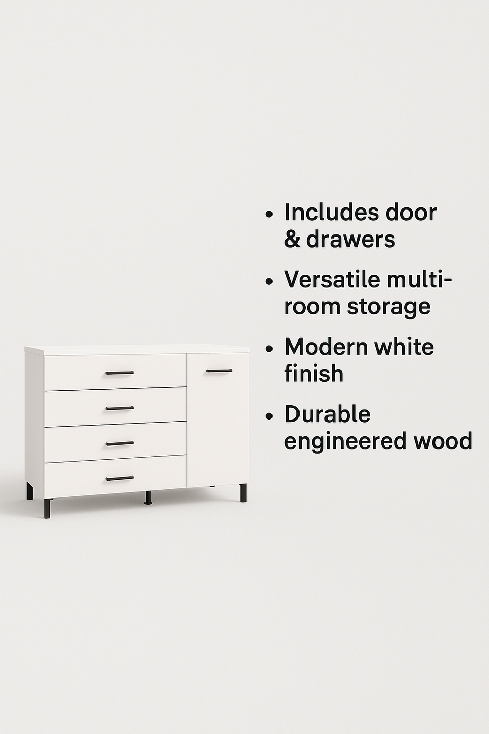 Bliss White 1 Door 4 Drawer Sideboard Storage Unit