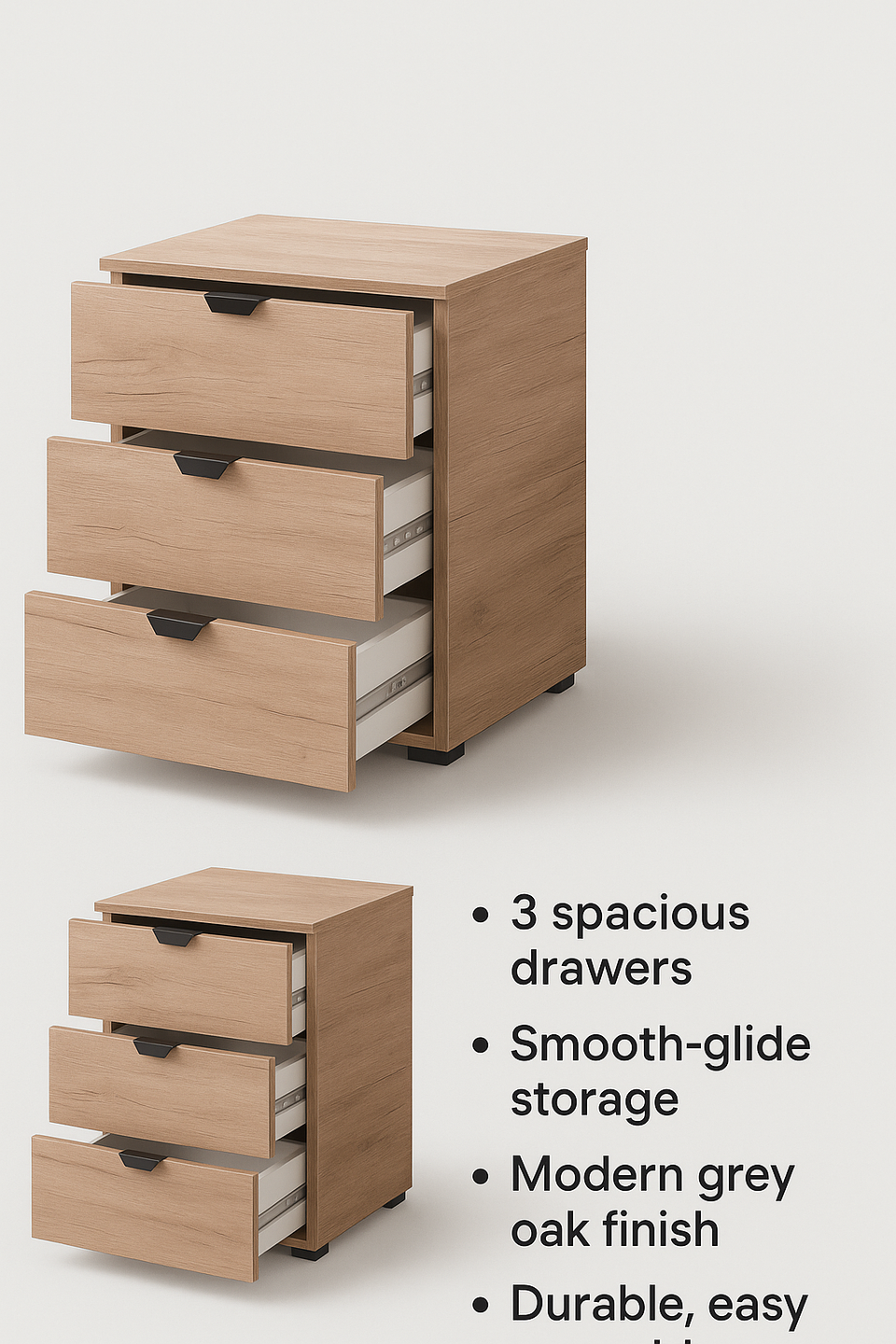 Grey Oak Effect 3 Drawer Bedside Table – Modern Bedroom Storage