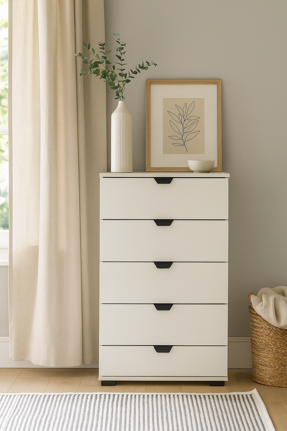 White narrow 5-drawer chest by Lavish Kitchen Isle, space-saving bedroom storage dresser in a living room setting.