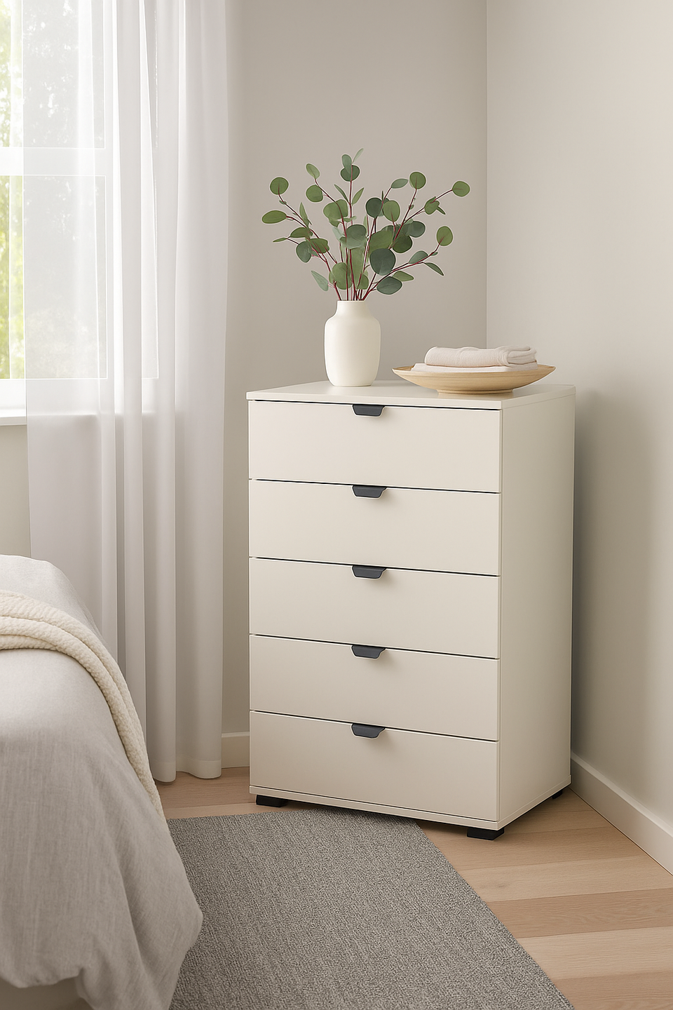 White Lavish Kitchen Isle narrow 5-drawer chest for bedroom storage, modern space-saving dresser with sleek design.