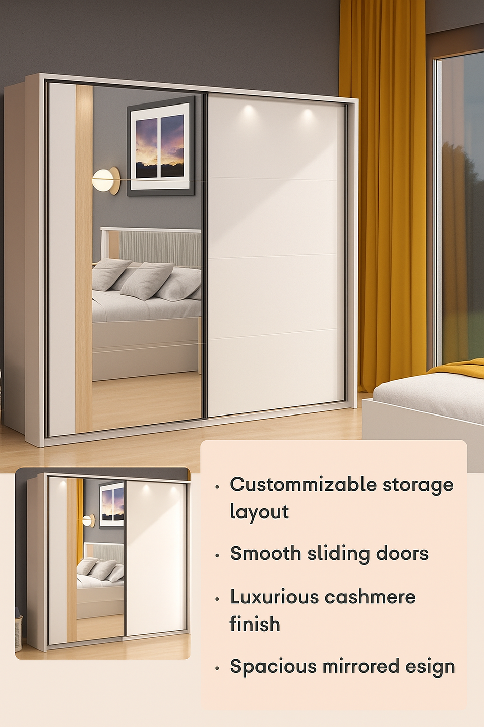 Large mirrored sliding door wardrobe with cashmere and artisan oak effect finish, modern design, and sleek reflective surface.