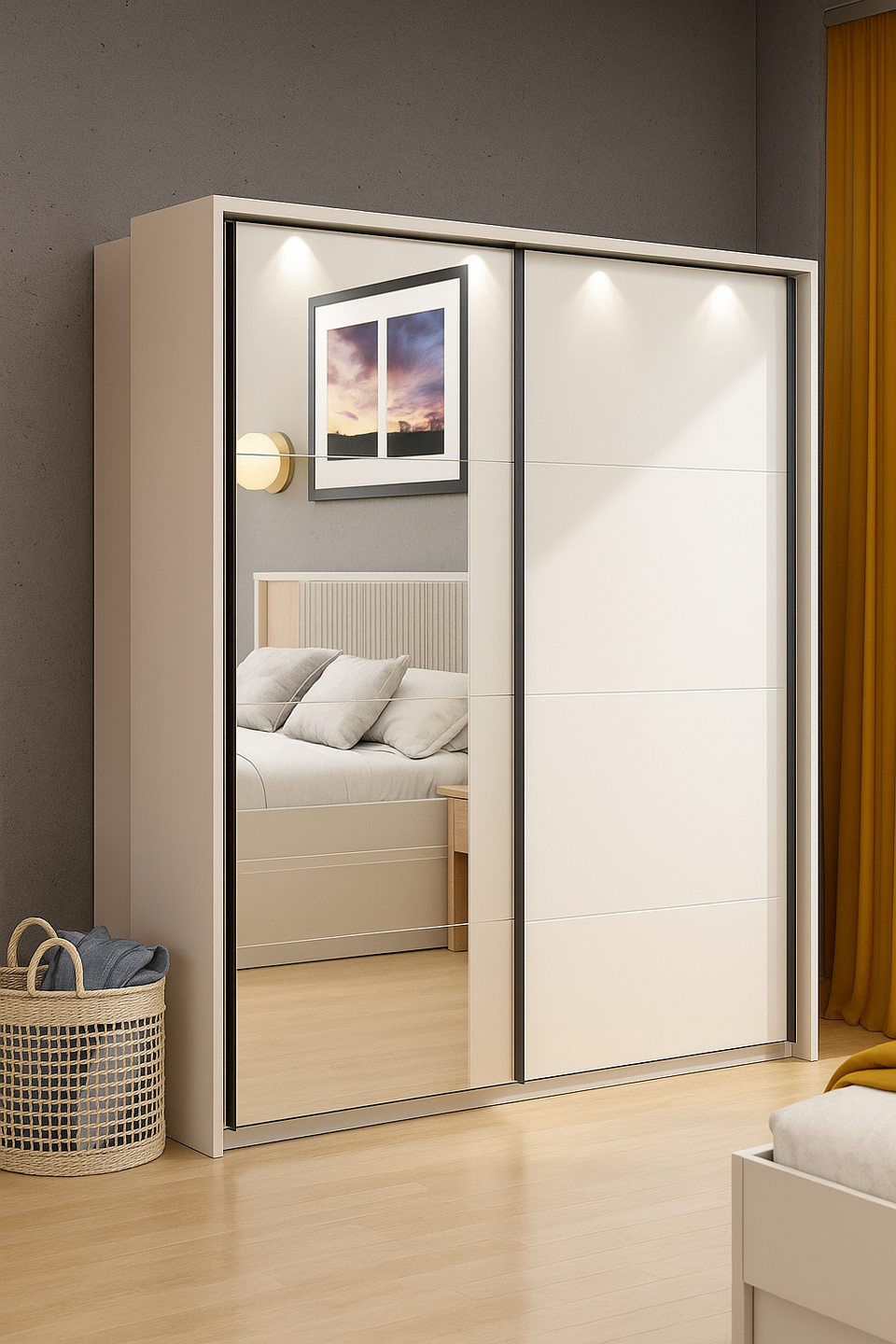 Large mirrored sliding door wardrobe in cashmere and artisan oak effect with sleek modern design for bedroom storage.